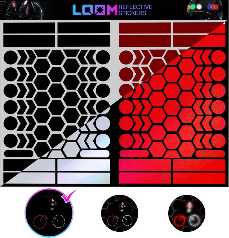 Loom ملصقات عاكسة | 134 قطعة مهندس أسود وأحمر | ملصقات عاكسة للخوذة، الدراجة، الدراجة النارية، القبعة الصلبة | عواكس مقاومة للماء للسيارة، المقطورة | عواكس الدراجة لركوب الليل - Image 1